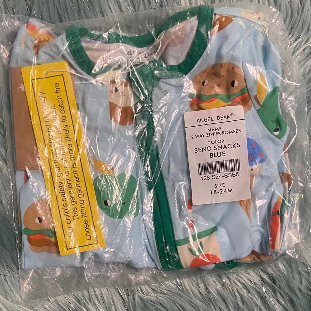 Angel Dear Blue and Green Snack Print Romper Send Snacks bamboo